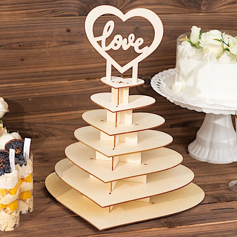 7-tier Wooden Heart Chocolate Display Stand with "Love" Topper - Natural CAKE_WOD017_15_NAT