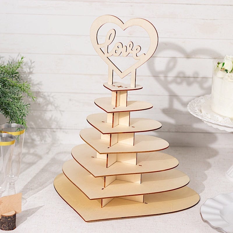 7-tier Wooden Heart Chocolate Display Stand with "Love" Topper - Natural CAKE_WOD017_15_NAT