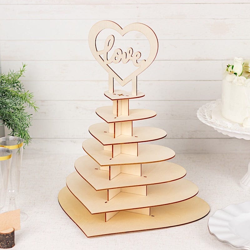 7-tier Wooden Heart Chocolate Display Stand with "Love" Topper - Natural CAKE_WOD017_15_NAT