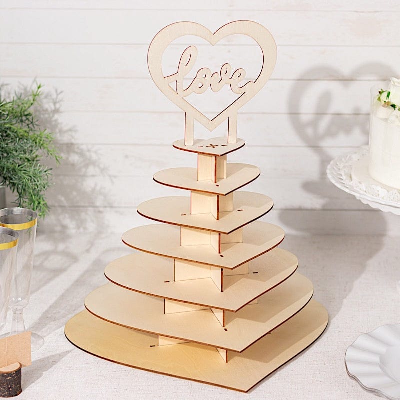 7-tier Wooden Heart Chocolate Display Stand with "Love" Topper - Natural CAKE_WOD017_15_NAT