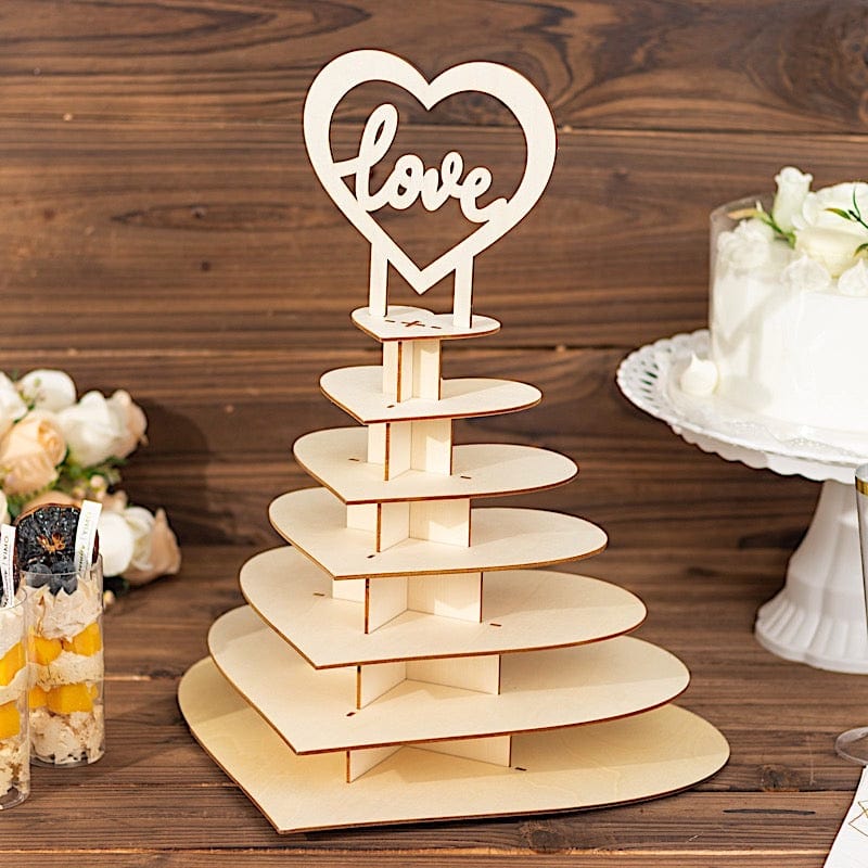 7-tier Wooden Heart Chocolate Display Stand with "Love" Topper - Natural CAKE_WOD017_15_NAT