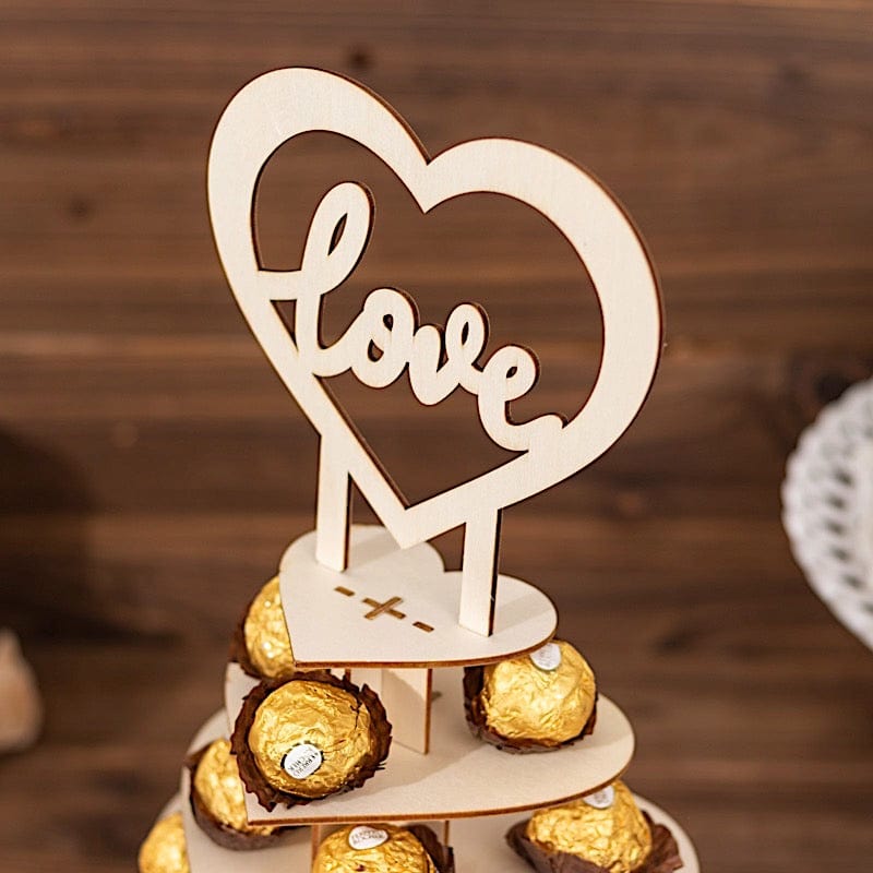 7-tier Wooden Heart Chocolate Display Stand with "Love" Topper - Natural CAKE_WOD017_15_NAT