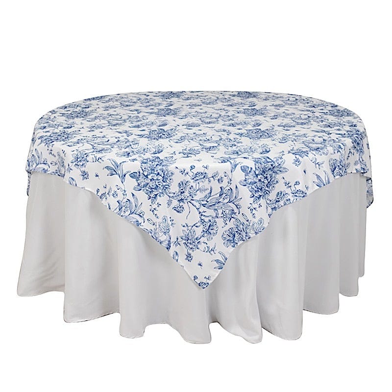 70" x 70" French Toile Pattern Polyester Square Tablecloth - White TAB_PLY_FLORFT_7070_BLUE