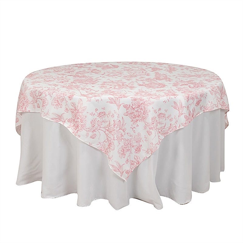 70" x 70" French Toile Pattern Polyester Square Tablecloth - White TAB_PLY_FLORFT_7070_PINK
