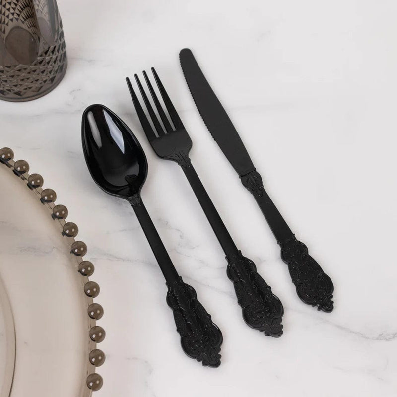72 Baroque Style Heavy Duty Plastic Cutlery Spoons Forks and Knives Set - Disposable Tableware