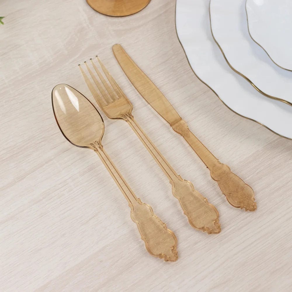 72 Baroque Style Heavy Duty Plastic Cutlery Spoons Forks and Knives Set - Disposable Tableware