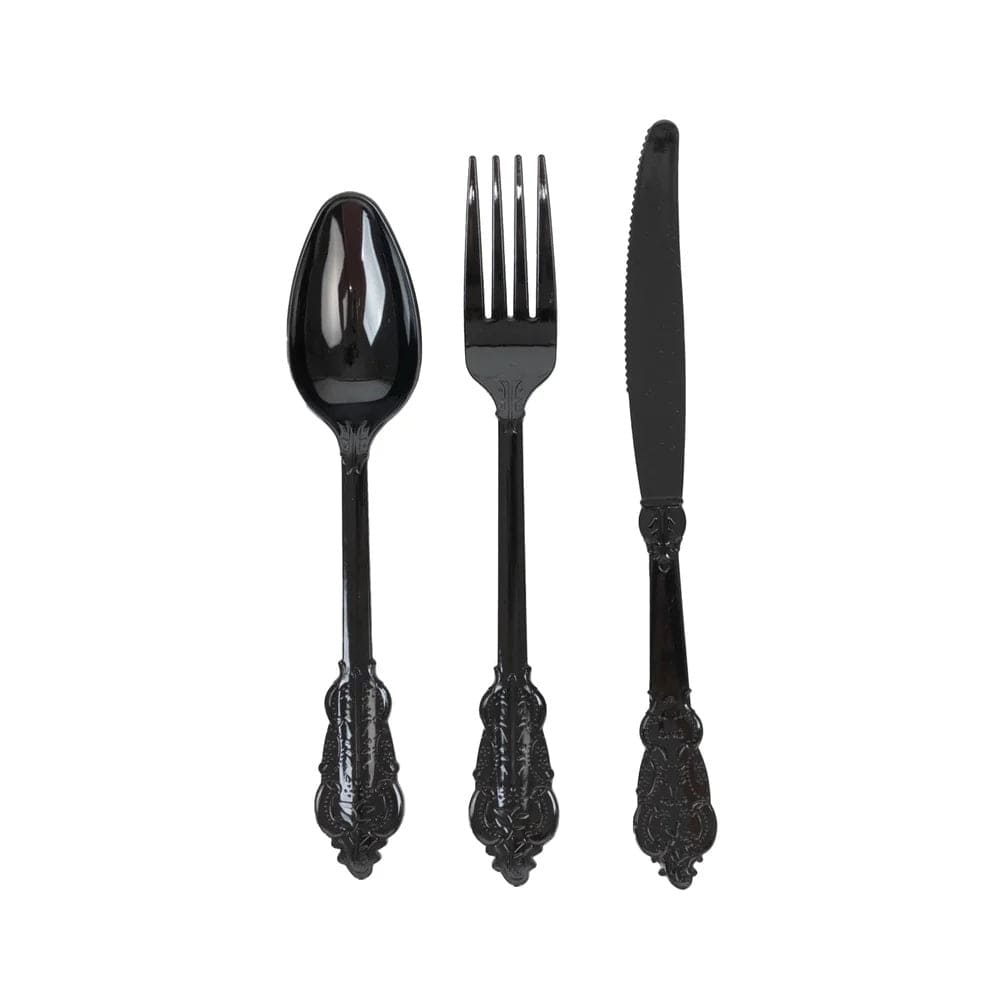 72 Baroque Style Heavy Duty Plastic Cutlery Spoons Forks and Knives Set - Disposable Tableware DSP_YY0001_7_BLK