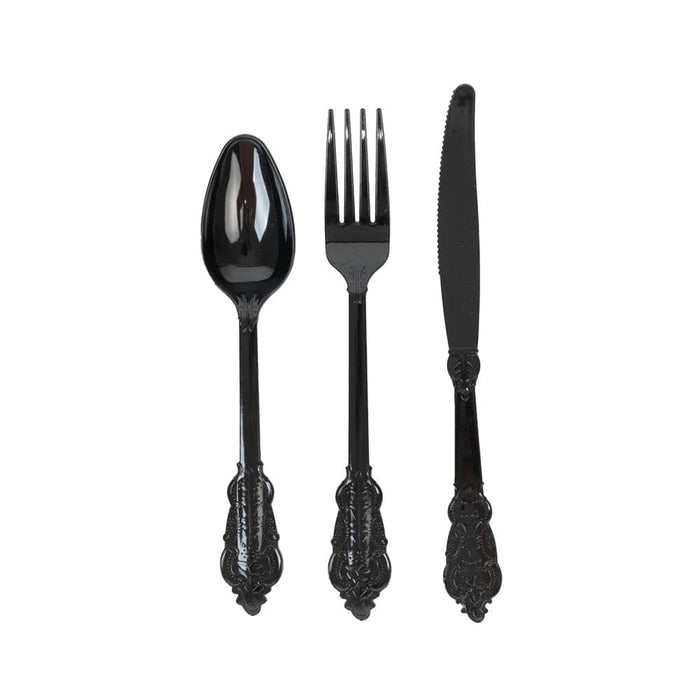 72 Baroque Style Heavy Duty Plastic Cutlery Spoons Forks and Knives Set - Disposable Tableware DSP_YY0001_7_BLK