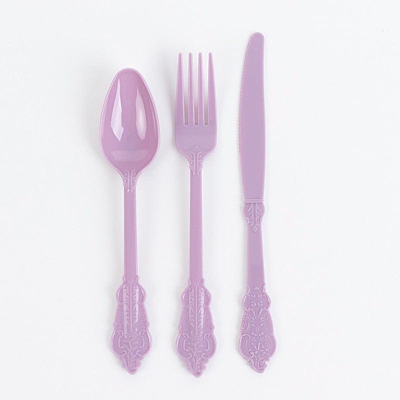 72 Baroque Style Heavy Duty Plastic Cutlery Spoons Forks and Knives Set - Disposable Tableware DSP_YY0001_7_LAV