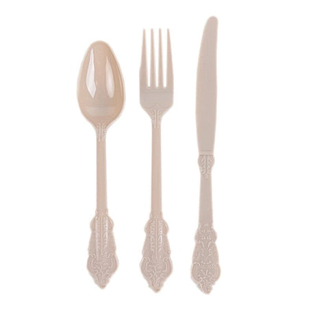 72 Baroque Style Heavy Duty Plastic Cutlery Spoons Forks and Knives Set - Disposable Tableware DSP_YY0001_7_TAUP