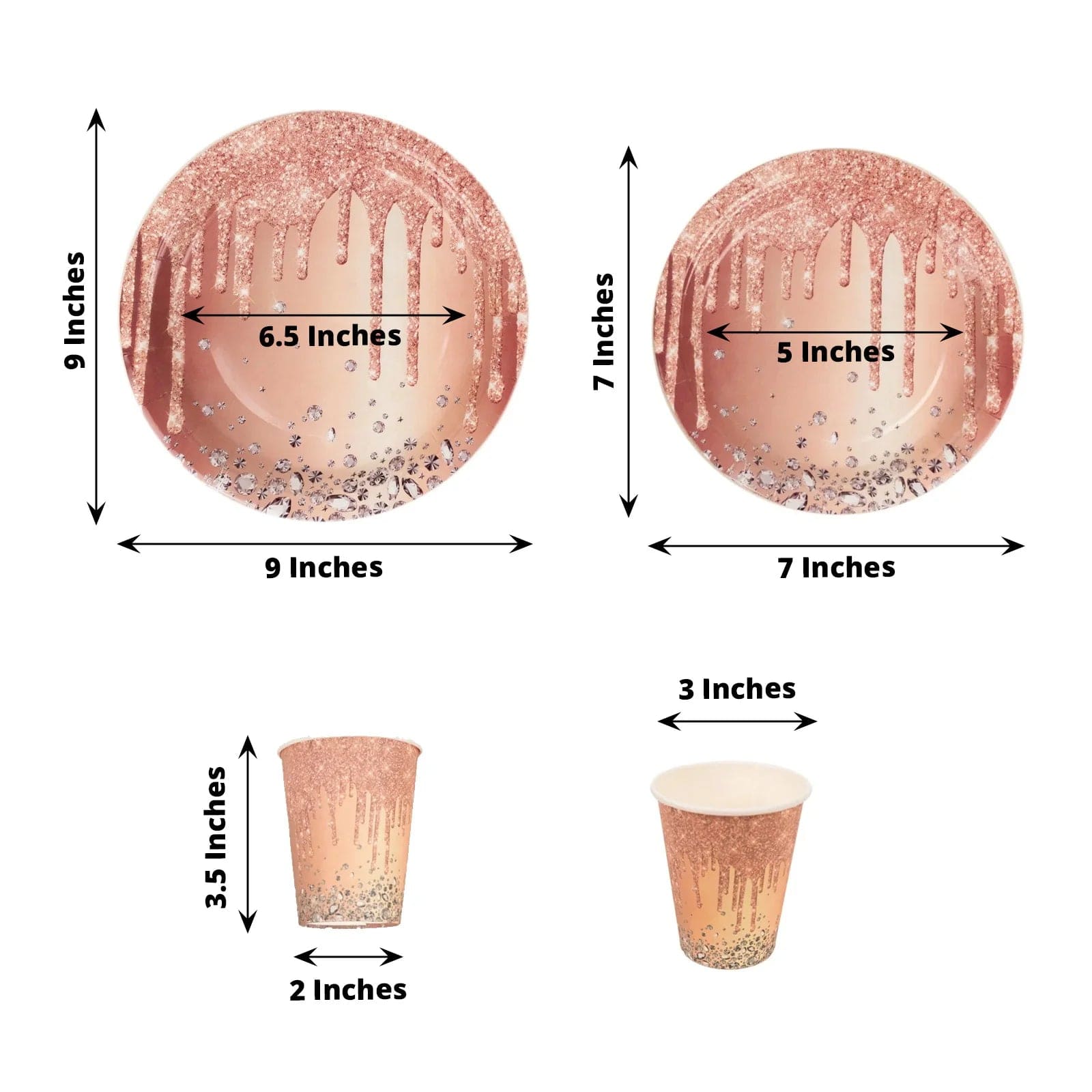 72 Disposable Tableware Set with Diamonds Glitter Drip Pattern - Rose Gold DSP_PSET_R003_054