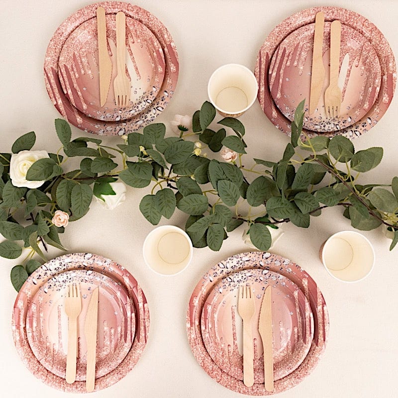 72 Disposable Tableware Set with Diamonds Glitter Drip Pattern - Rose Gold DSP_PSET_R003_054