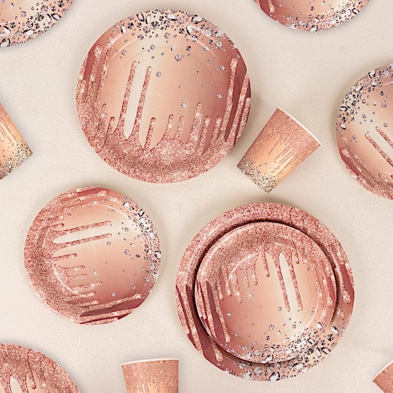 72 Disposable Tableware Set with Diamonds Glitter Drip Pattern - Rose Gold DSP_PSET_R003_054