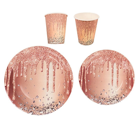 72 Disposable Tableware Set with Diamonds Glitter Drip Pattern - Rose Gold DSP_PSET_R003_054