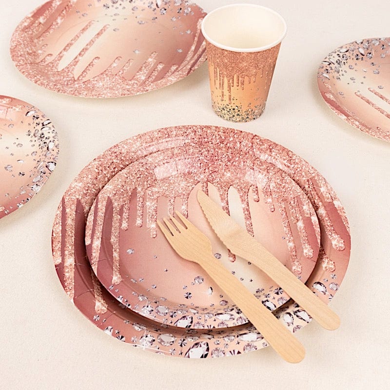 72 Disposable Tableware Set with Diamonds Glitter Drip Pattern - Rose Gold DSP_PSET_R003_054