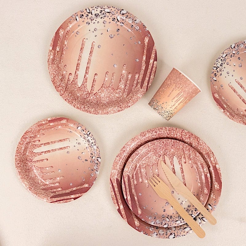 72 Disposable Tableware Set with Diamonds Glitter Drip Pattern - Rose Gold DSP_PSET_R003_054