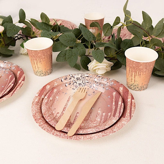 72 Disposable Tableware Set with Diamonds Glitter Drip Pattern - Rose Gold DSP_PSET_R003_054