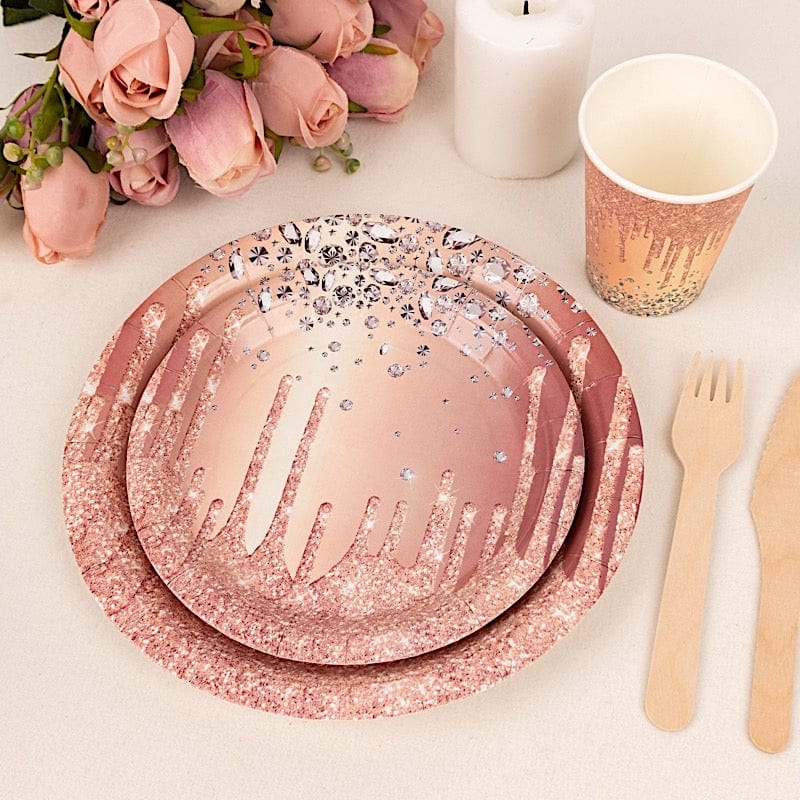 72 Disposable Tableware Set with Diamonds Glitter Drip Pattern - Rose Gold DSP_PSET_R003_054