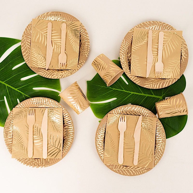 72 Disposable Tableware Set with Foil Palm Leaves Print - Natural and Gold DSP_PSET_R004_NATGD