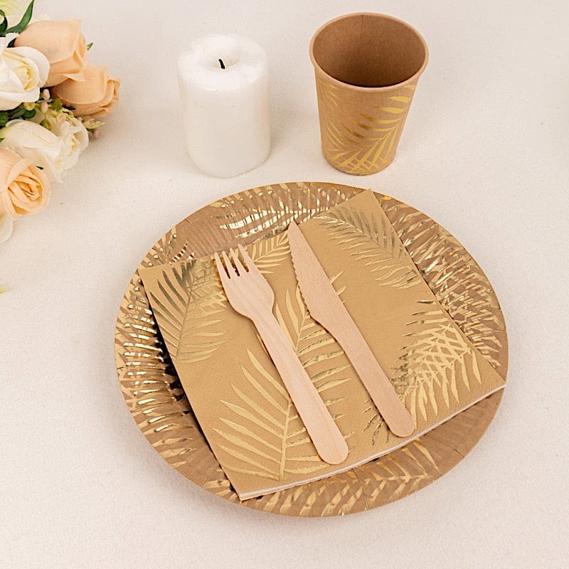 72 Disposable Tableware Set with Foil Palm Leaves Print - Natural and Gold DSP_PSET_R004_NATGD