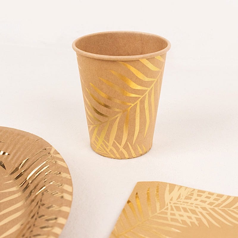 72 Disposable Tableware Set with Foil Palm Leaves Print - Natural and Gold DSP_PSET_R004_NATGD