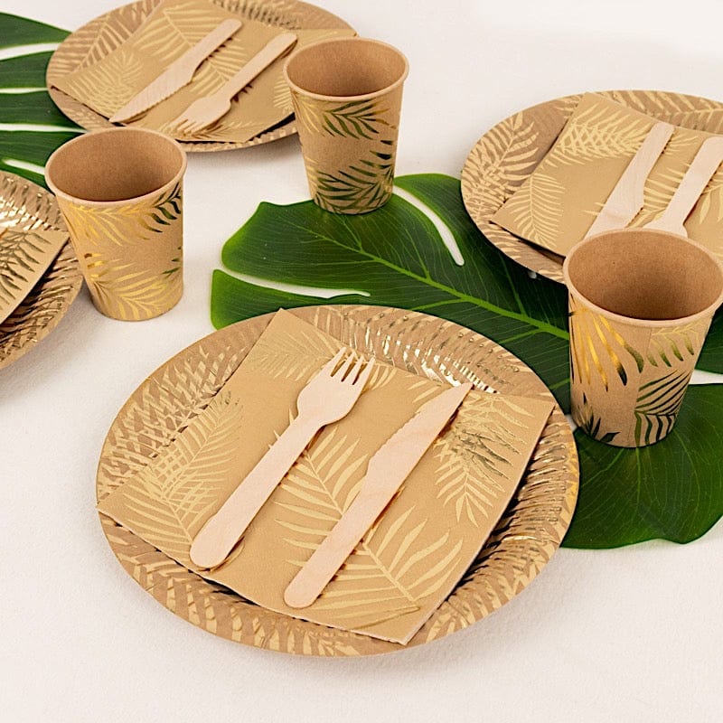 72 Disposable Tableware Set with Foil Palm Leaves Print - Natural and Gold DSP_PSET_R004_NATGD