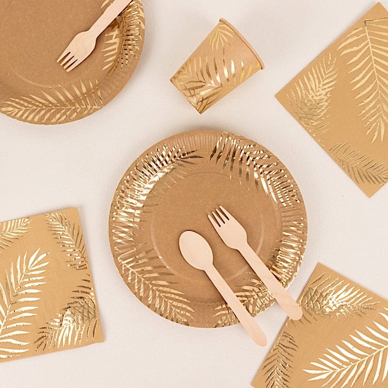 72 Disposable Tableware Set with Foil Palm Leaves Print - Natural and Gold DSP_PSET_R004_NATGD