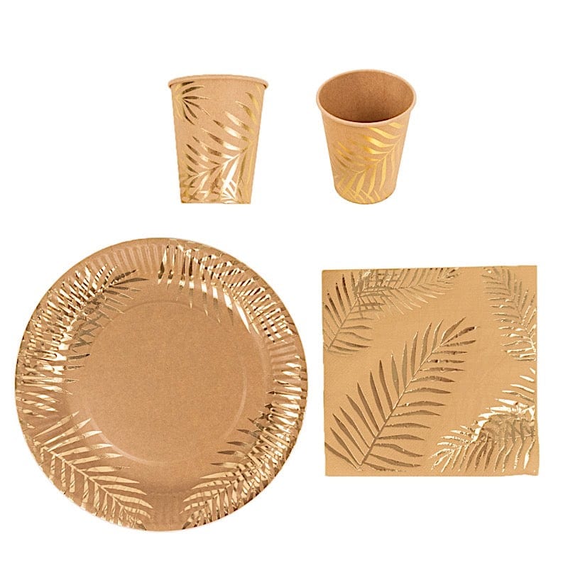 72 Disposable Tableware Set with Foil Palm Leaves Print - Natural and Gold DSP_PSET_R004_NATGD