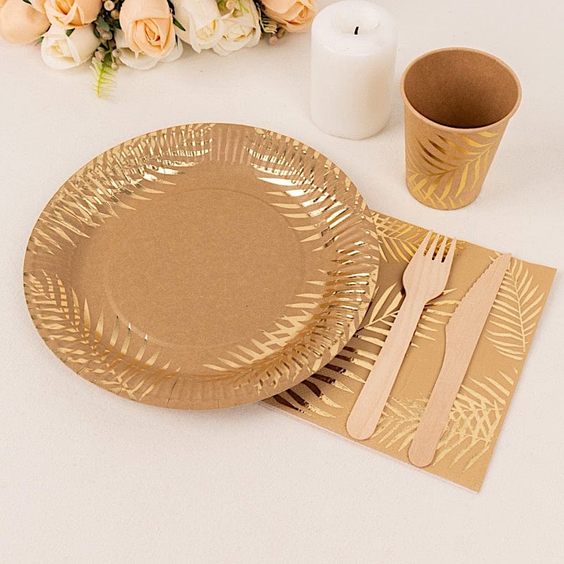 72 Disposable Tableware Set with Foil Palm Leaves Print - Natural and Gold DSP_PSET_R004_NATGD