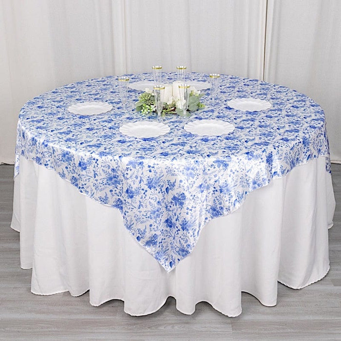 72" x 72" Floral Satin Square Table Overlay - White with Blue LAY72_STN_FLOR_BLUE
