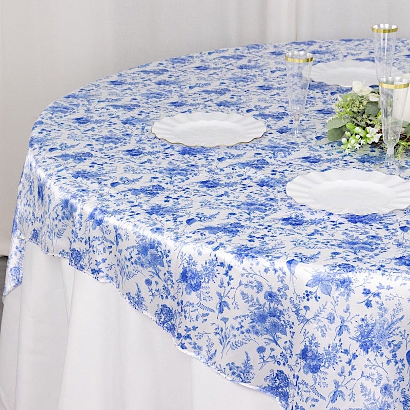 72" x 72" Floral Satin Square Table Overlay - White with Blue LAY72_STN_FLOR_BLUE