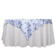 72" x 72" Floral Satin Square Table Overlay - White with Blue LAY72_STN_FLOR_BLUE