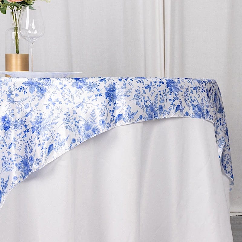 72" x 72" Floral Satin Square Table Overlay - White with Blue LAY72_STN_FLOR_BLUE