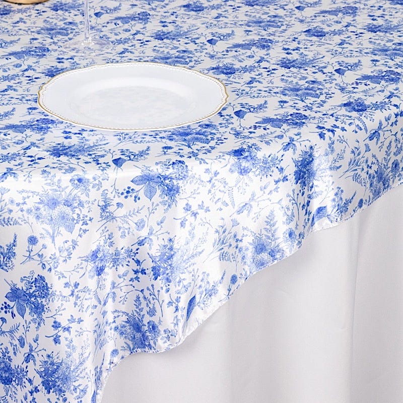 72" x 72" Floral Satin Square Table Overlay - White with Blue LAY72_STN_FLOR_BLUE