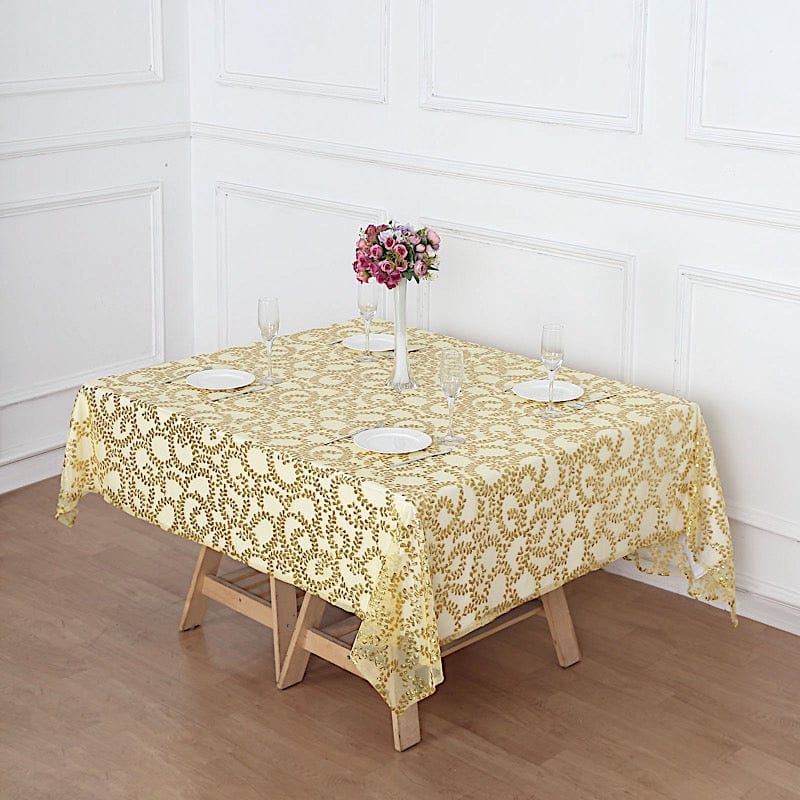 72" x 72" Sequin Leaf Embroidered Seamless Tulle Table Overlay