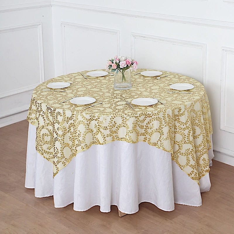 72" x 72" Sequin Leaf Embroidered Seamless Tulle Table Overlay