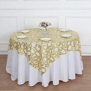 72" x 72" Sequin Leaf Embroidered Seamless Tulle Table Overlay