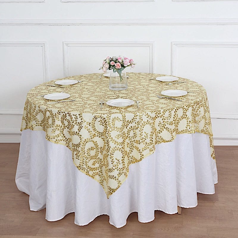 72" x 72" Sequin Leaf Embroidered Seamless Tulle Table Overlay