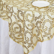 72" x 72" Sequin Leaf Embroidered Seamless Tulle Table Overlay