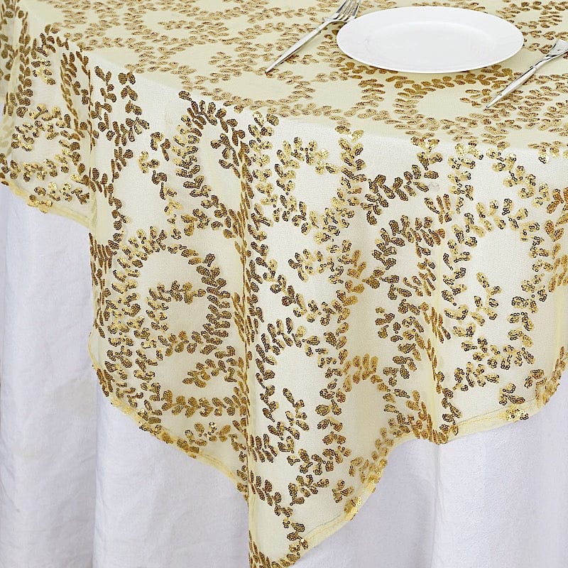 72" x 72" Sequin Leaf Embroidered Seamless Tulle Table Overlay