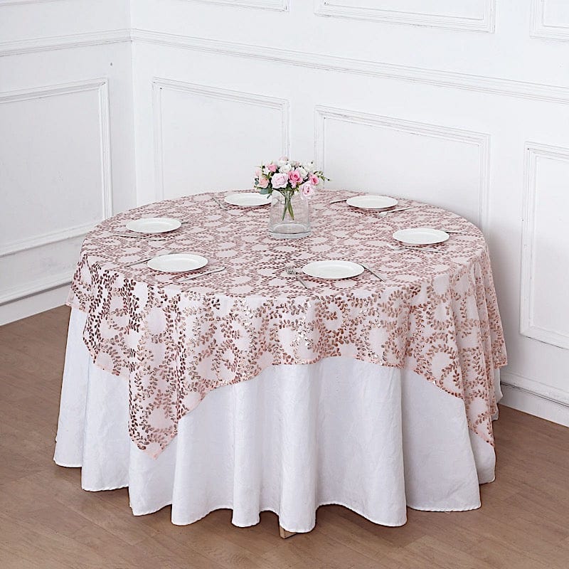72" x 72" Sequin Leaf Embroidered Seamless Tulle Table Overlay