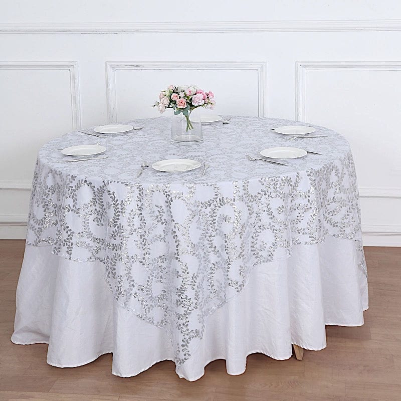 72" x 72" Sequin Leaf Embroidered Seamless Tulle Table Overlay