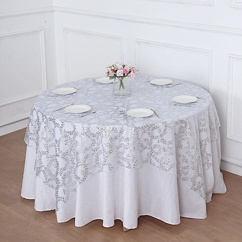 72" x 72" Sequin Leaf Embroidered Seamless Tulle Table Overlay