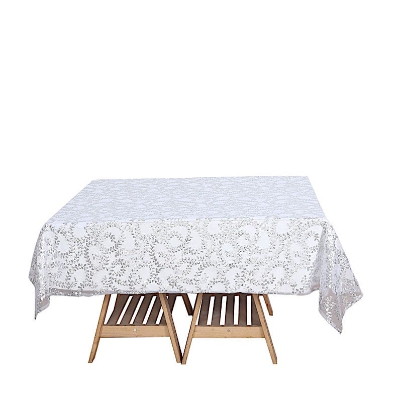 72" x 72" Sequin Leaf Embroidered Seamless Tulle Table Overlay LAY72_02_FLOR_SILV