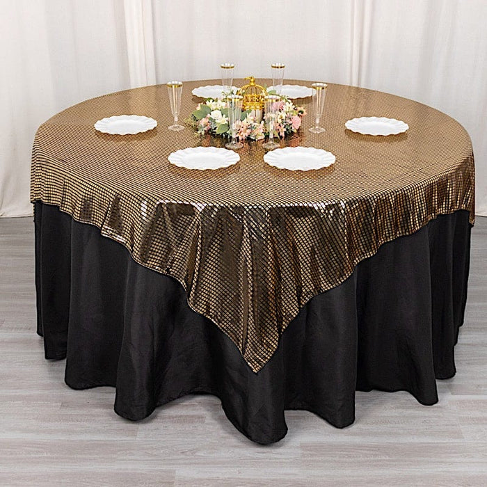 72" x 72" Shiny Foil Polyester Table Overlay Disco Mirror Ball Theme - Black and Gold LAY72_25A_BLKGD