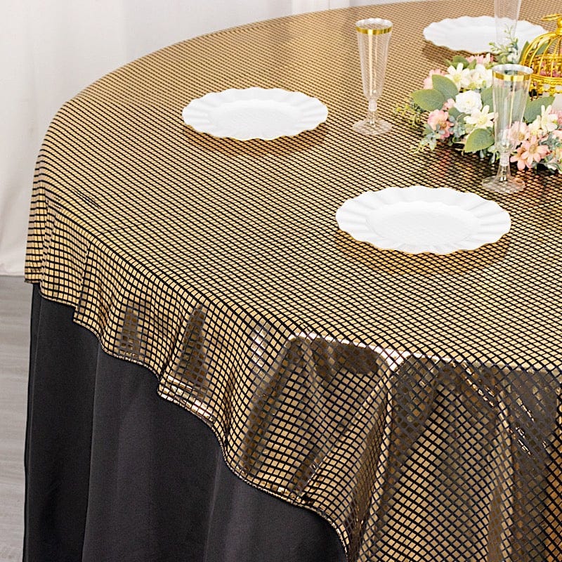 72" x 72" Shiny Foil Polyester Table Overlay Disco Mirror Ball Theme - Black and Gold LAY72_25A_BLKGD