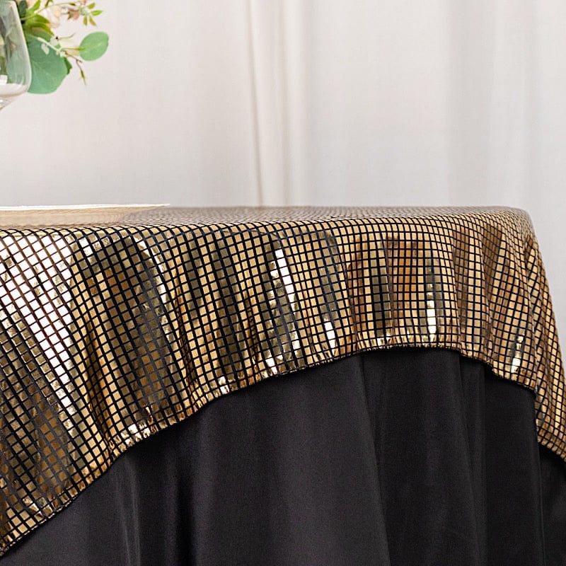 72" x 72" Shiny Foil Polyester Table Overlay Disco Mirror Ball Theme - Black and Gold LAY72_25A_BLKGD