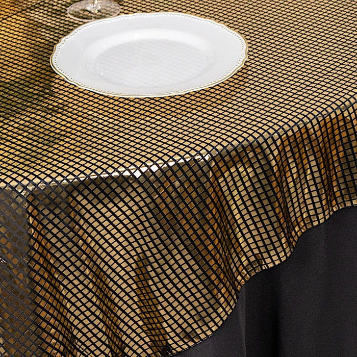 72" x 72" Shiny Foil Polyester Table Overlay Disco Mirror Ball Theme - Black and Gold LAY72_25A_BLKGD