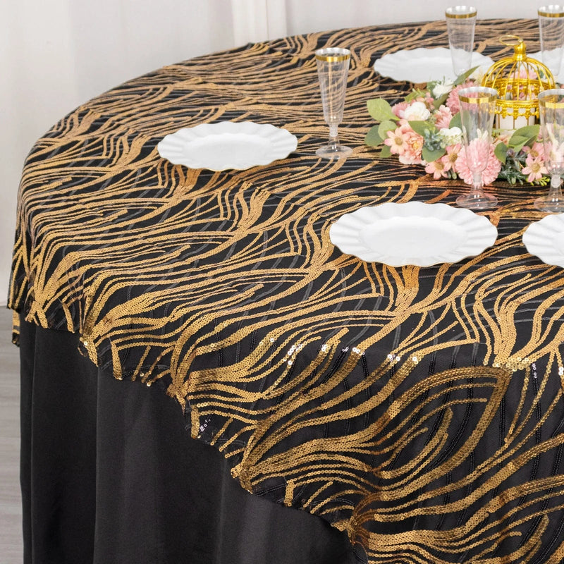 72" x 72" Tulle Square Table Overlay with Wavy Embroidered Sequins