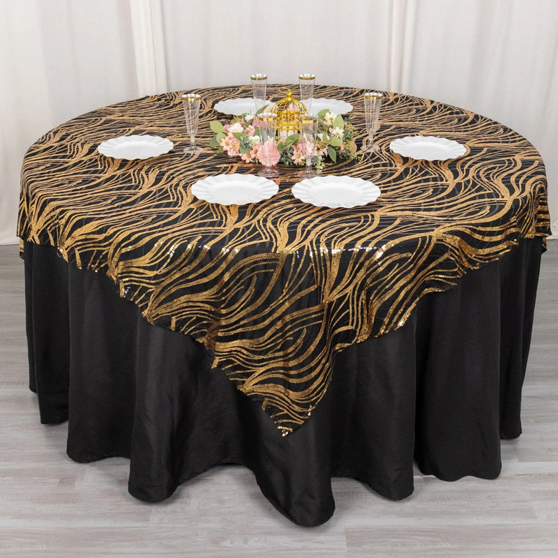 72" x 72" Tulle Square Table Overlay with Wavy Embroidered Sequins